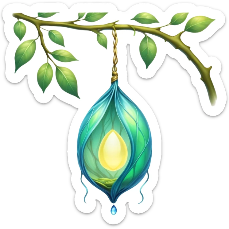 magical organic cocoon suspended from a branch, green-blue cocoon lit up, swirling yellow magic, ethereal and mystical, symbol shape, gentle green-blue hues sticker