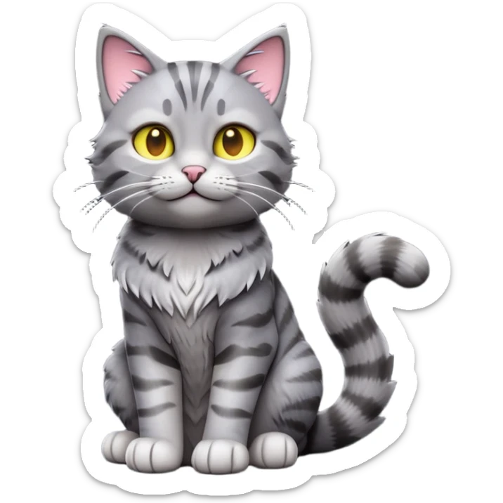 cinematic-[grey tabby cat]-realistic-full-body-sitting-emoji,-tail-curled-playfully-around-its-paws,-head-tilted-dramatically,-scruffy-[grey]-fur,-simplified-yet-realistic-focused-features,-highly-detailed,-glowing-with-an-almost-sarcastic-glow sticker