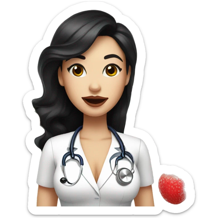 White woman with black hair who is nutricionist, with a big lips in nude color and big lashes, she has a fruit in her hand and haven't stethoscope sticker