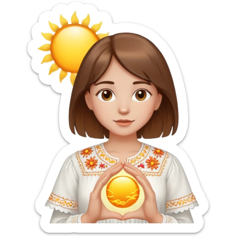 A young Ukrainian girl with brown hair wearing a white embroidered shirt holds the sun in her hands sticker