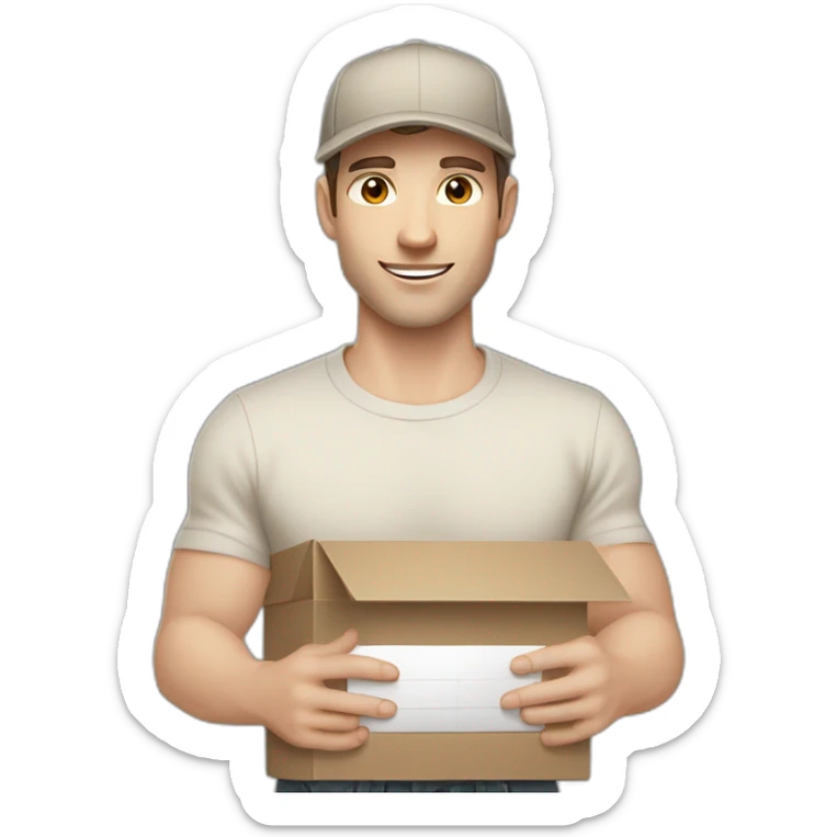 Pale skinned fit Man with dark brown hair in a beige cap, gray jeans, brown polo and white T-shirt keeping a pasted with tape white box into his hands sticker