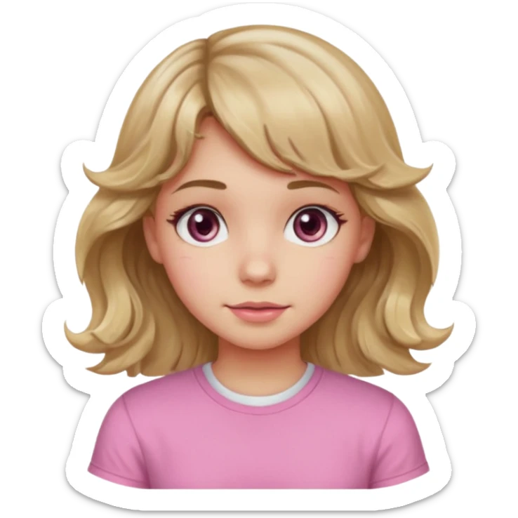 girl with wavy dirty blonde hair and wavy bangs, hazel eyes, white skin, pink cute shirt sticker
