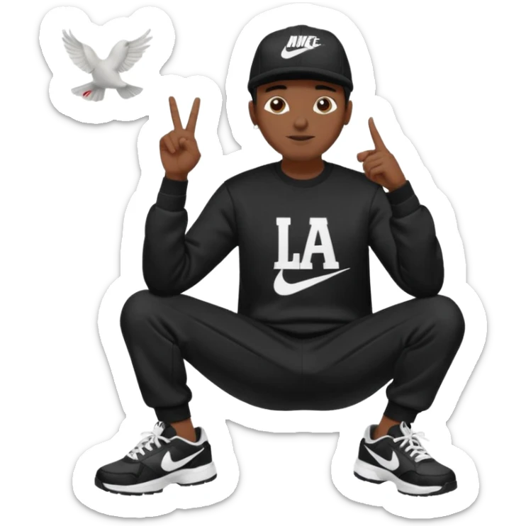 Crea Un Emoji De Cuerpo Completo Que Sea Hombre Con Corte Alucin Que Tenga Gorra Nike, Suéter Negro Que Tenga La Letras LA El La Parte Del Corazón, Zapatos Adidas Con Una Palomita✅, Pantalón Ancho O Bellaco Con Unos Diseños De Palomas Blancas Y Asiendo Una Pose Con Su Mano Que Sea Está 🤙🏽. sticker
