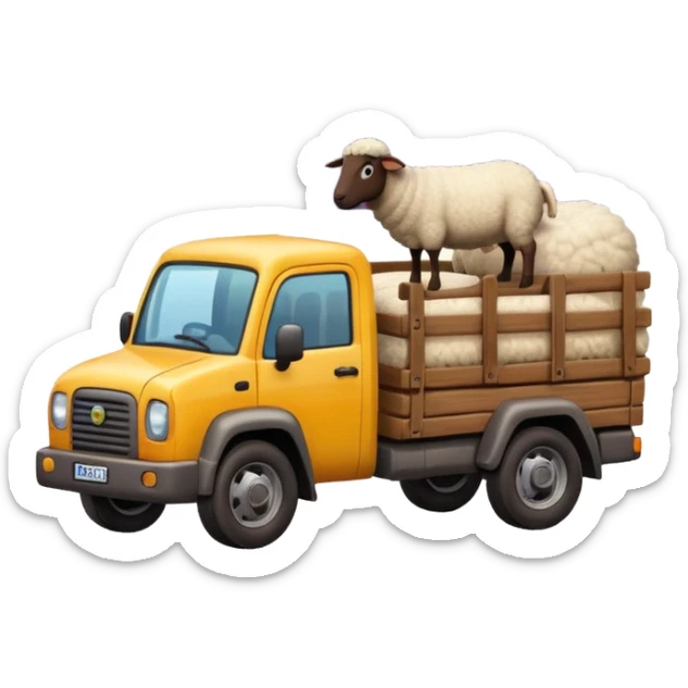 Cartoon 3D emoji of a Peruvian rural truck transporting sheep in the back, wooden cargo bed, Andes mountain landscape, dusty countryside road, glossy finish, bold outlines, vibrant natural colors, sticker design, transparent background sticker