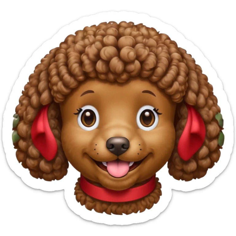 Head of a brown poodle, curly fur, smiling with closed mouth, no tongue showing
 sticker