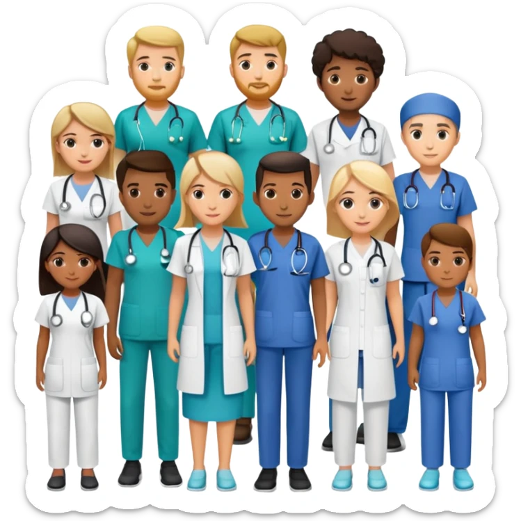 group of 10 nurses, occupational therapists, physiotherapists (male and female, different races, different clothes) sticker