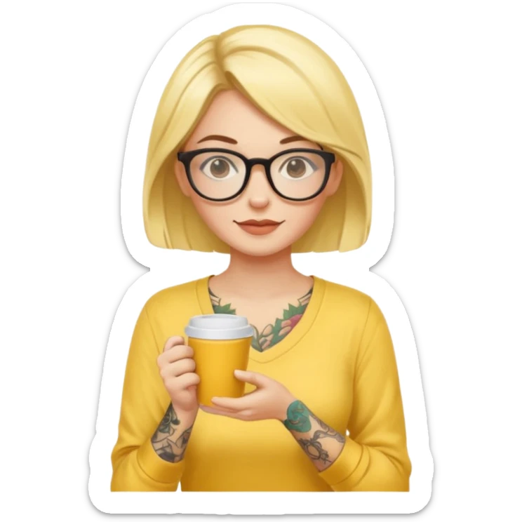gözlük takan, dövmeli ve elinde kahve tutan, yaz kıyafetli bir kadın. kıyafeti sarı olsun sticker
