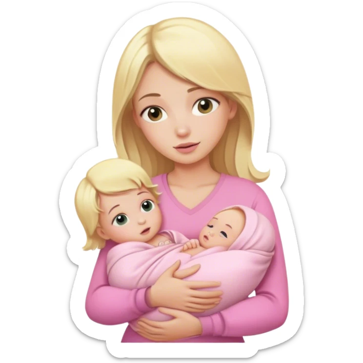 Blonde girl holding a new born baby while the baby is wrapped in pink. sticker
