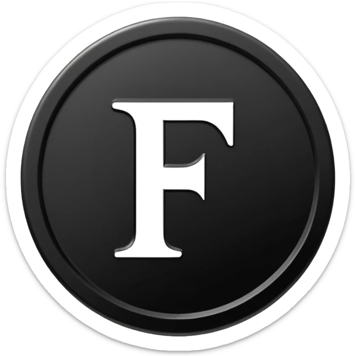 Emoji icon of a black coin with engraved letter F, minimalist style, isolated, no color sticker