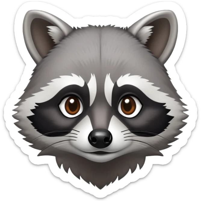 Cinematic-Noble-Raccoon-Portrait-Emoji – Poised and confident, with a sturdy build and a beautifully textured fur of silver-grey accented by dark black facial markings, deep-set, intelligent brown eyes, simplified yet sharp and sophisticated. sticker