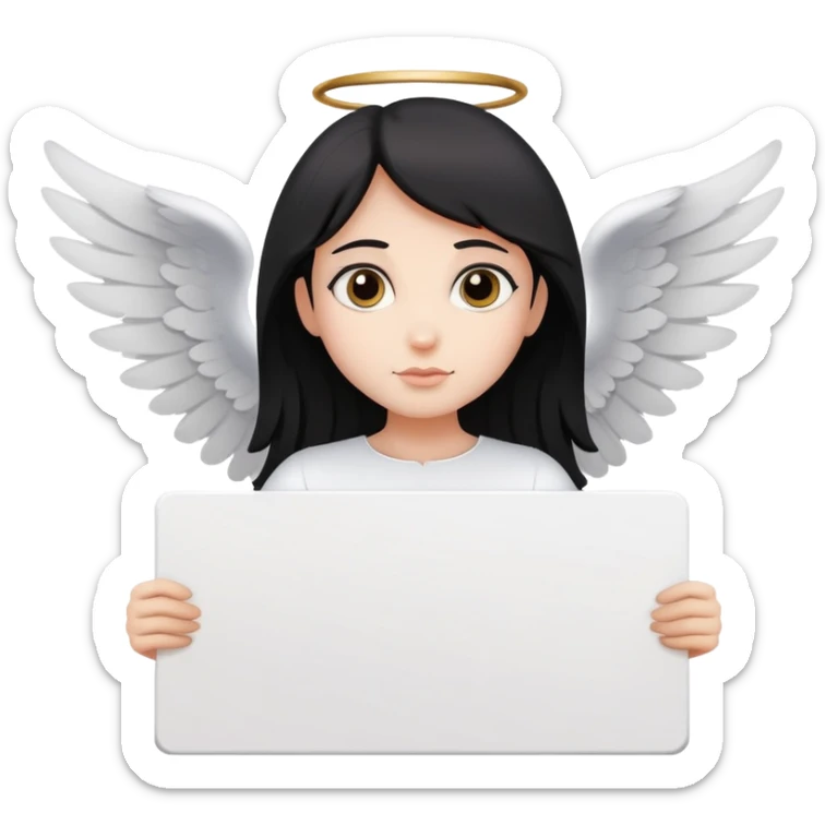 Angel with black wings dark hair holding a blank sign sticker