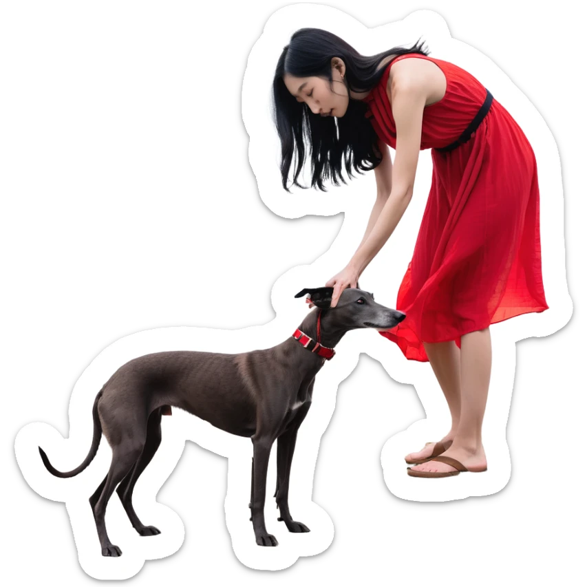A beautiful 25-year-old Japanese woman with long flowing black hair wearing a stylish red beach dress, gently petting a PURE SOLID DARK GREY whippet with a bright RED COLLAR on a beach at night under a starry sky. The whippet MUST be 100% SOLID DARK GREY with ABSOLUTELY NO WHITE MARKINGS ANYWHERE - specifically NO WHITE on face, NO WHITE on chest, NO WHITE on paws - ENTIRELY ONE CONSISTENT SOLID DARK GREY COLOR throughout. Deep blue night sky filled with bright stars, moonlight reflecting on the ocean, sandy beach in the foreground. sticker