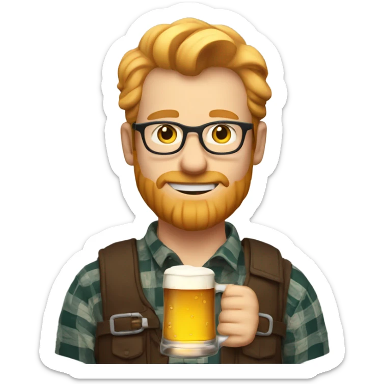 A white man with glasses and ginger blonde hair wearing plaid and holding a pint of beer sticker