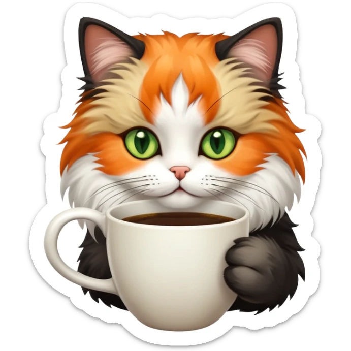 tricolor fluffy cat with big green eyes drinking a cup of coffee sticker