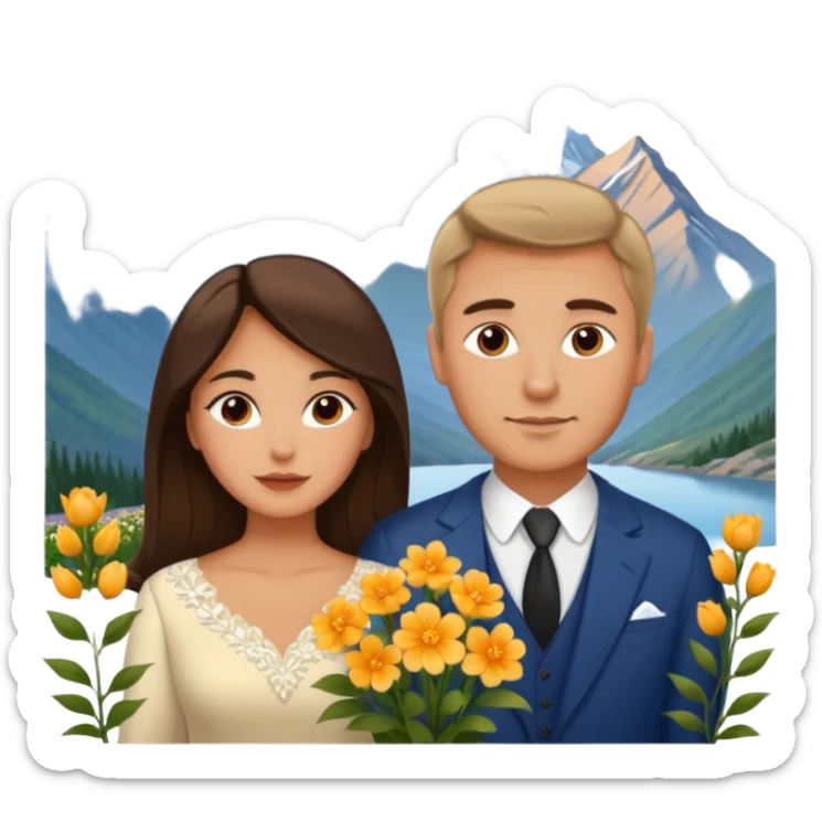 Couple traveling in Montenegro russian man and elegant  Latina girl delicate flowers and mountains in the background  sticker