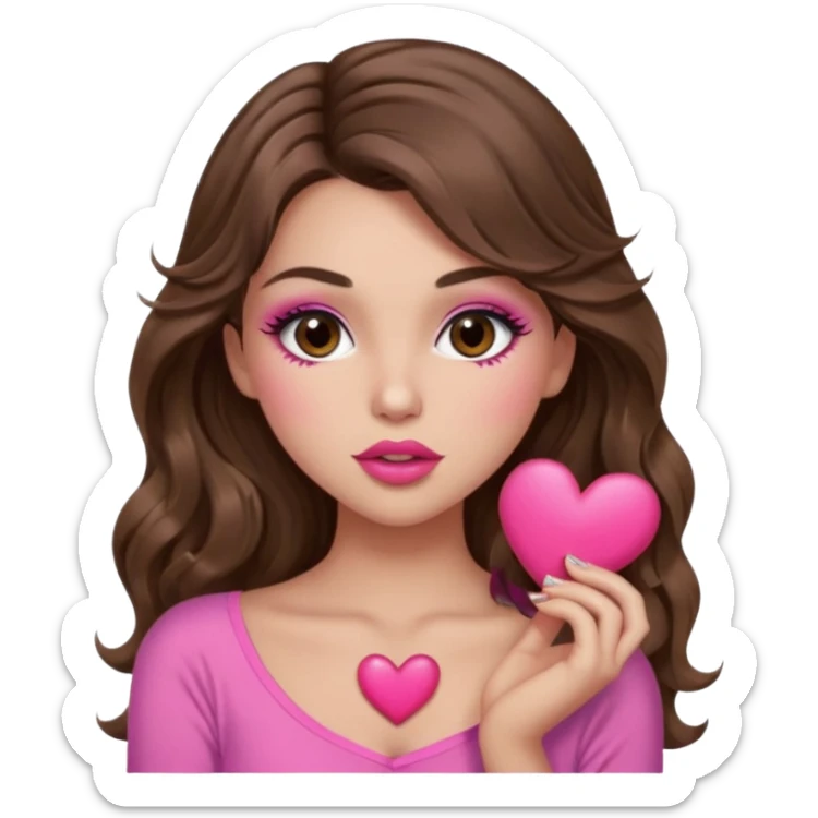 girl with long wavy brown hair, brown eyes, long lashes makeup, sexy pink lips, light to medium complexion, wearing a pink sexy top, sexy , puckering, blushing, kissing a heart sexy sticker