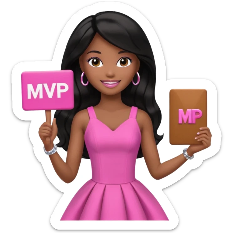 Black barbie, long black  hair, pink dress holding mvp sign  sticker