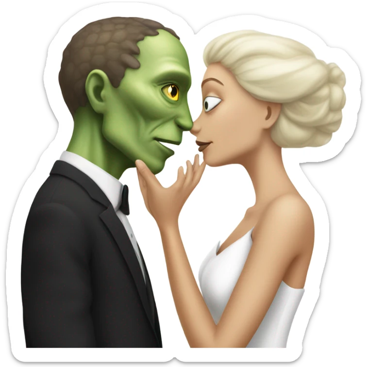 White man in black dress hugs and kissing Alien reptilian woman in white dress  sticker