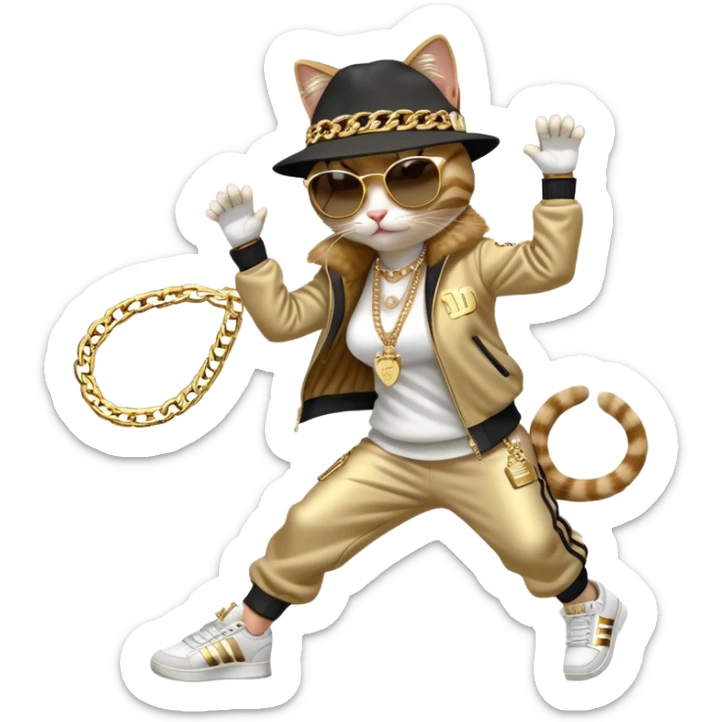 female cat in Run DMC hip-hop outfit with tracksuit, fedora, Adidas sneakers, dark sunglasses, many gold chains and bling accessories, doing a headspin break dance move sticker