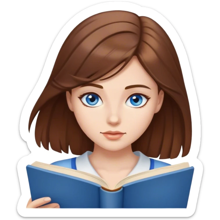 A beautiful girl with brown hair and blue eyes reads sticker