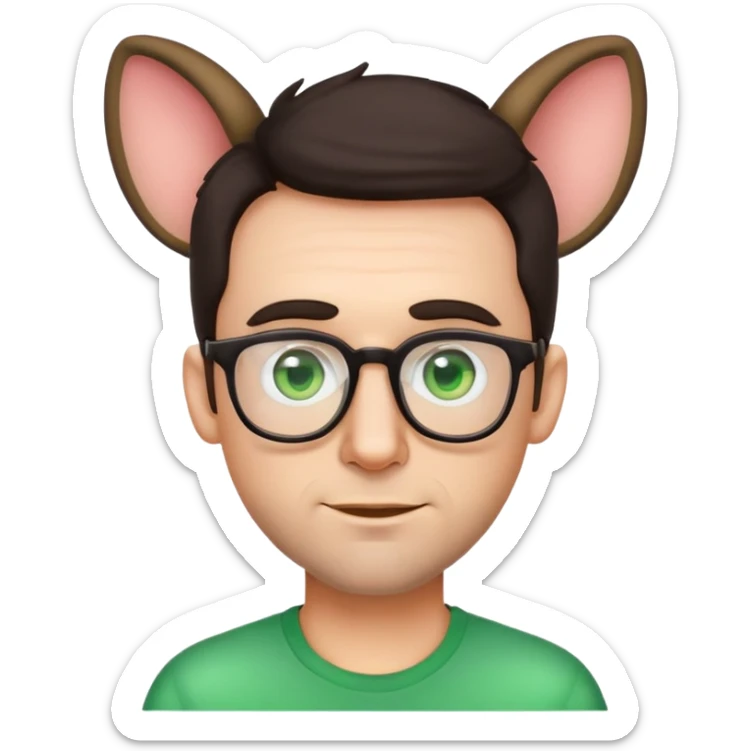 simple male emoji with poofier slightly curly dark hair, big ears, pale skin, glasses, green eyes, light stubble sticker