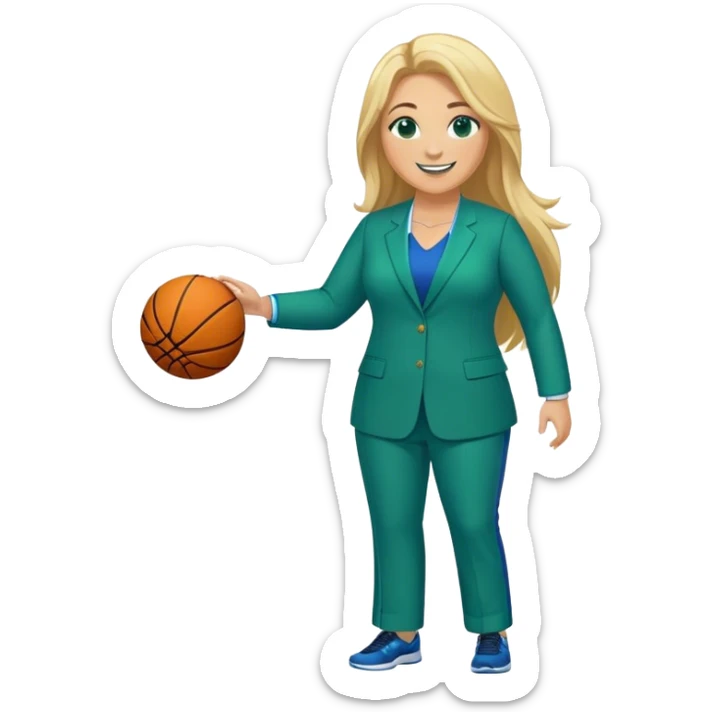 Full Body white plus size female basketball head coach with long blonde hair in a blue and green suit smiling sticker