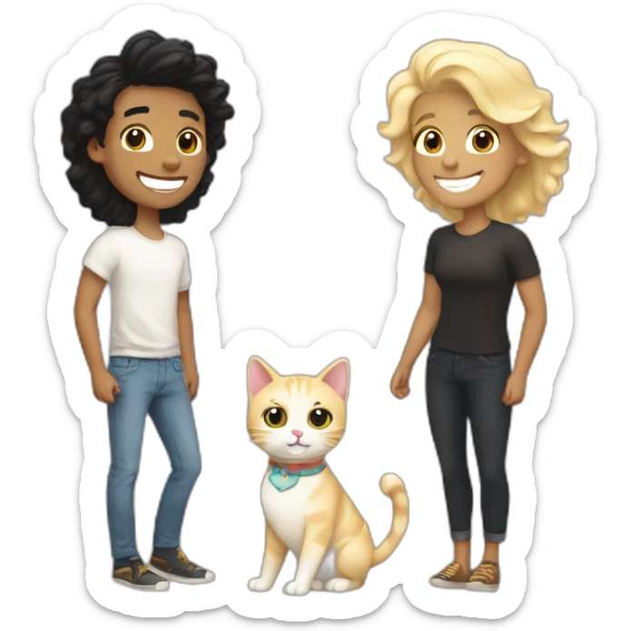 Gay couple, 1 Latino black hair, the other one Australian blonde hair with a cat in the middle laughing full body sticker