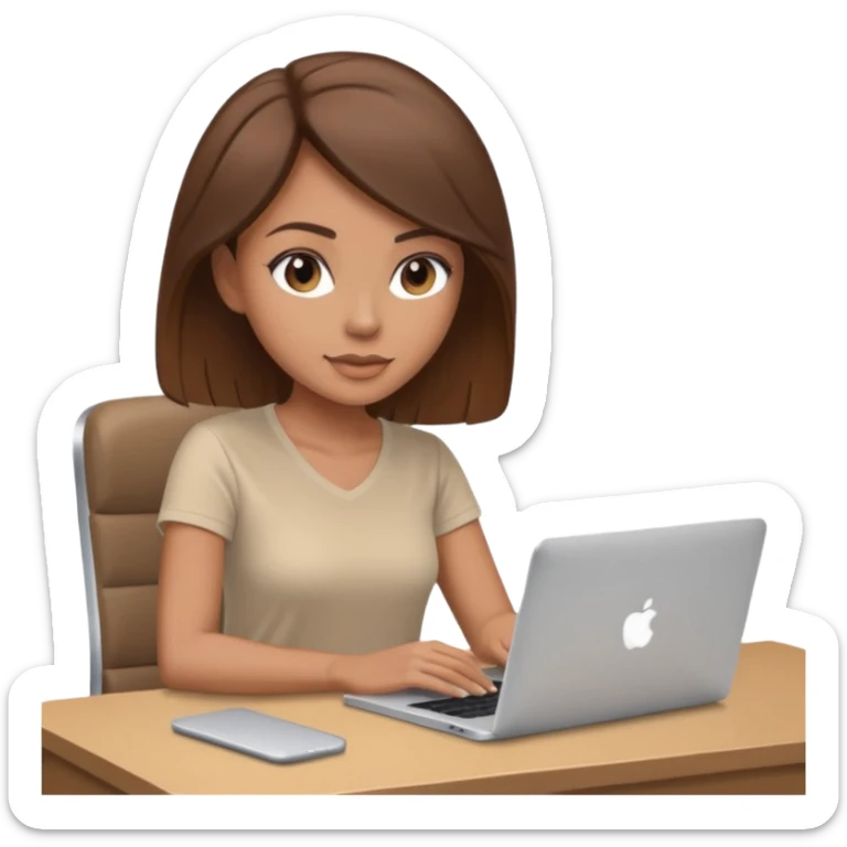 tanned brown hair woman, sat at desk with MacBook, podcast microphone bleige top and beige, sexy, glass table sticker
