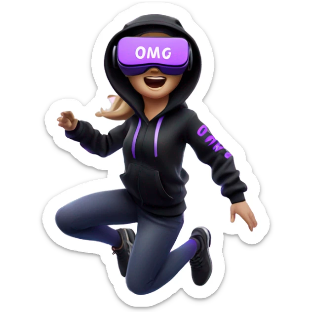 Russian girl wearing black hoody with violet letters "OMG", in vr headset oculus quest2. jumping. Cyberpunk style. Violet neon. sticker