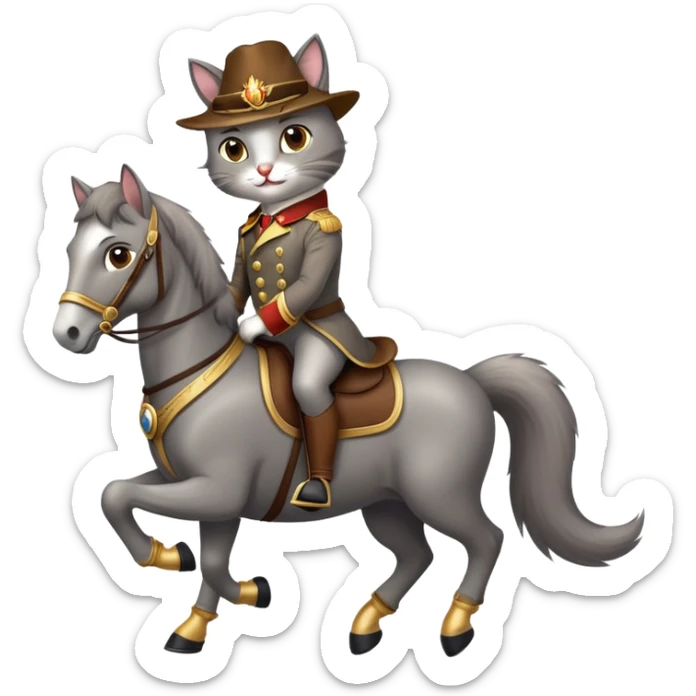 A dashing cat wearing stylish boots, riding a majestic horse with a confident smirk, in a cartoonish emoji style sticker