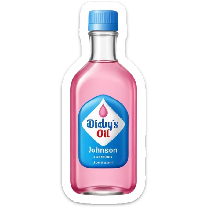 bottle of oil blue top pink outside with logo that says Diddys Oil Johnson and Johnson bottle  sticker
