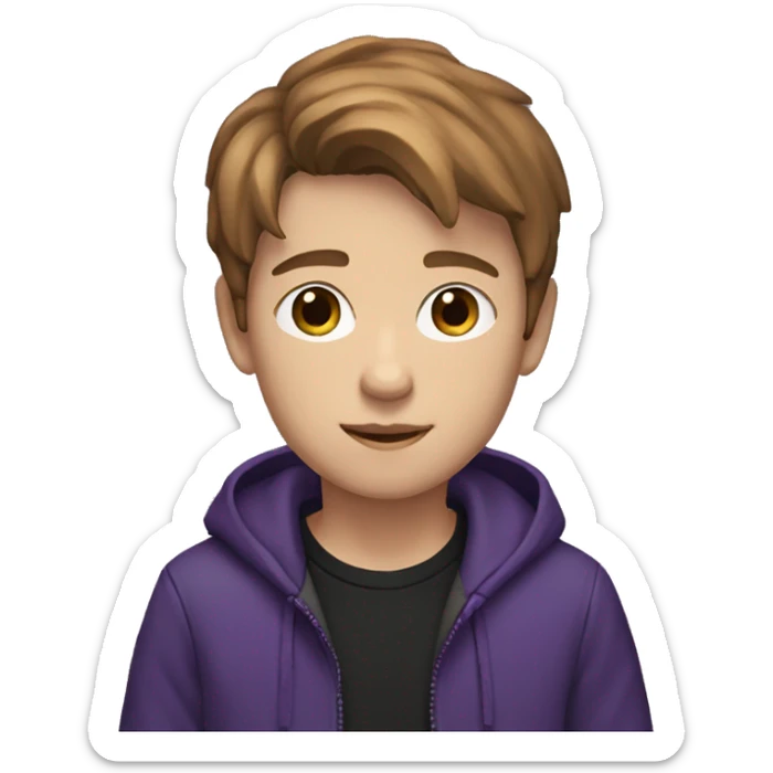  Draw a 12-year-old boy with brown fair hair and wearing a brown and black t-shirt and a jacket that is a mixture of purple and black. sticker