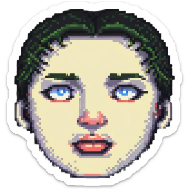 pixel art suspicious face with one eyebrow up and mouth agape, 'what the hell' feeling sticker
