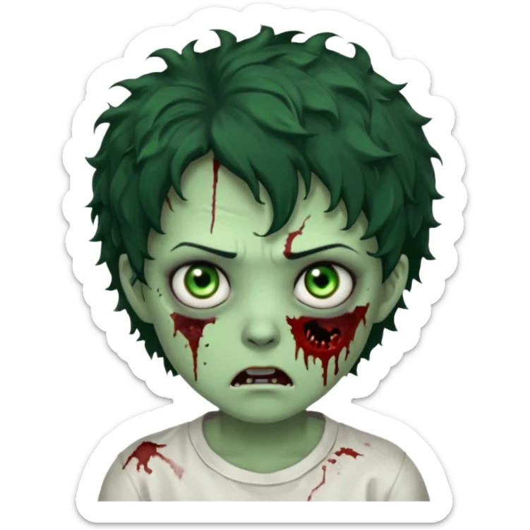 zombie character with green skin, messy short curly black hair, and no glasses. Give him large expressive eyes, a slightly frightened or eerie expression, subtle wounds, dark under-eye shadows, and a few cracks or dried blood marks on the face.  white shirt and without bleeding eyes **BLACK HAIR** sticker