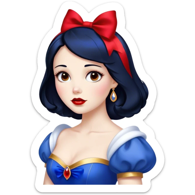 Cinematic Stunning Snow White Portrait Emoji, Fair skin glowing like porcelain, ruby-red lips, deep brown eyes full of kindness, raven hair framed by her iconic red bow, wearing her royal blue and gold gown, exuding timeless beauty and grace! sticker