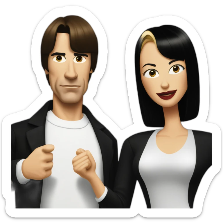 Uma Thurman with black hair and black pants  and John Travolta dancing in Pulp Fiction sticker