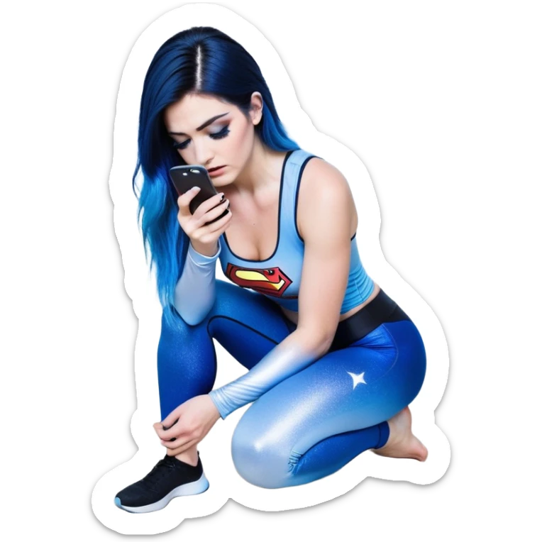 Disapponted-big tears-head back texting on phone-very very large upper body-sexy face-bending forward at waist-very long very straight dark blue to light blue ombre hair-and-blue eyes-thick black eyeliner-long eyelashes-iridescent blue lowcut tanktop with black leggings with glitter superman logo sticker