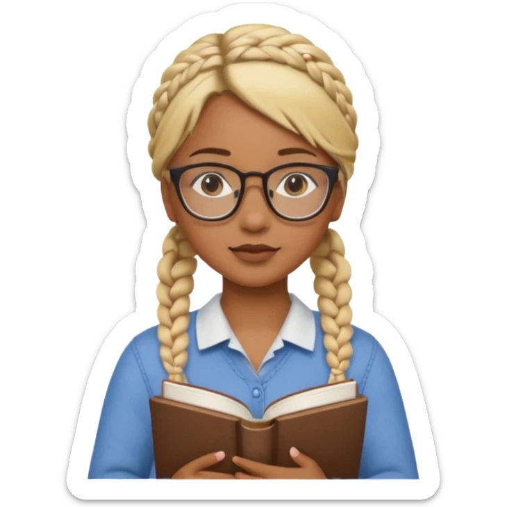 A student, girl, brown skin, braid blonde hair, wearing glasses, hold book in front of their chest sticker