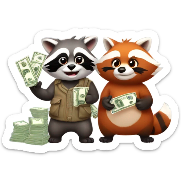 1 male raccoon and 1 female red panda not wearing clothes each holding a bag of cash sticker