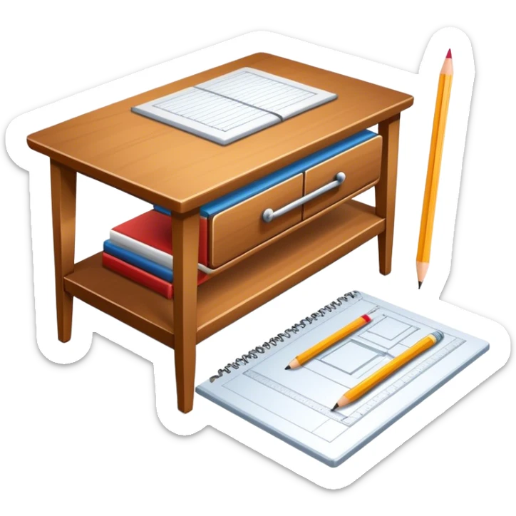 Icon for Furniture Design: a furniture drawing with 3D models of furniture pieces placed on top, accompanied by rulers and a pencil. The icon should represent the design process with focus on precision and modeling. Transparent background. sticker