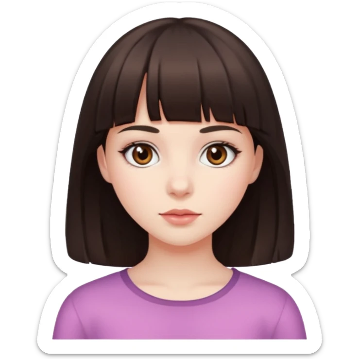 brunette girl with dark brown eyes, pale rosy skin and bangs sticker