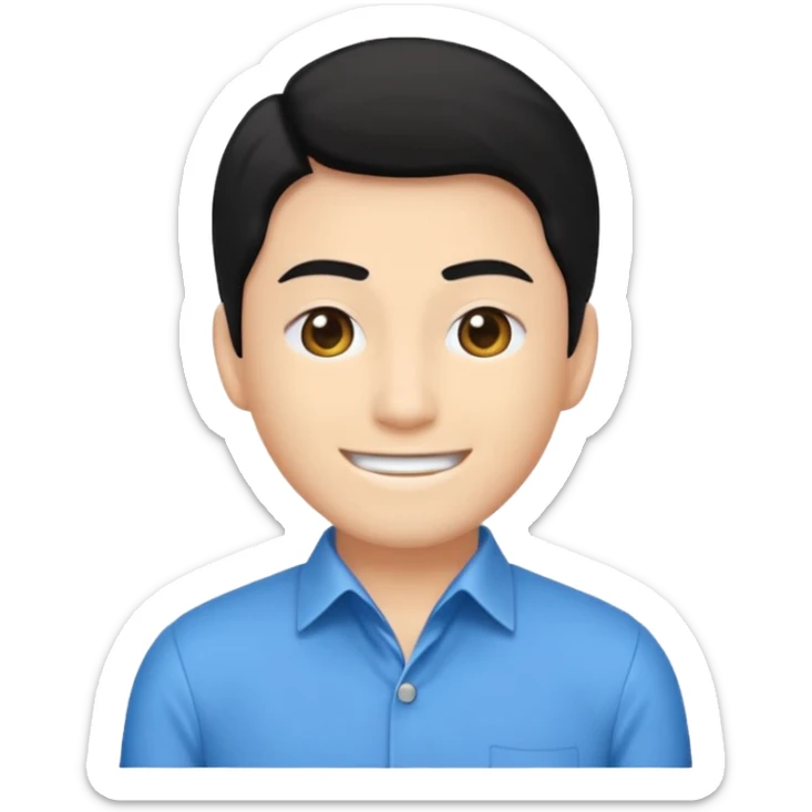 Crea un emoji de Satoru Gojo un hombre de tés blanca sonriendo con ojos azules cristalinos pelo blanco pero que se vea joven y pestañas blancas y su ropa sea una camisa negra pero plana ósea como un suéter y dos botones amarillos y  que solo salga de sus hombros asta arriba  sticker