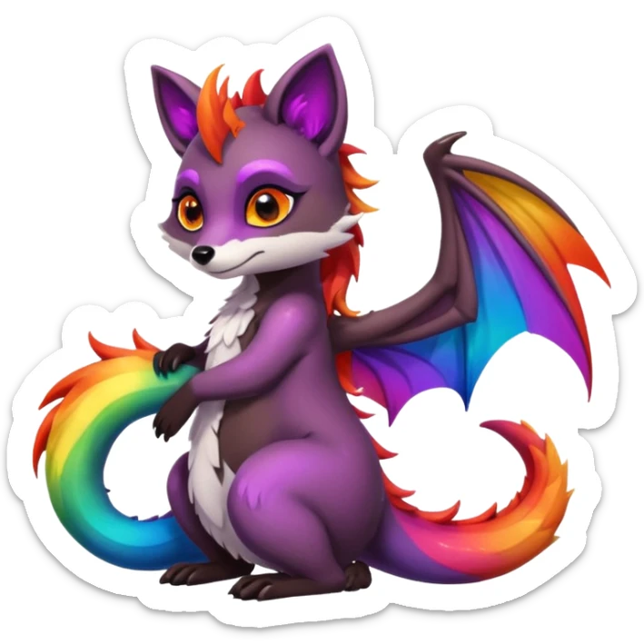 black female raccoon dragon hybrid with rainbow colored wings and purple eyes hugging a red female fox dragon hybrid with rainbow colored wings and orange eyes sticker