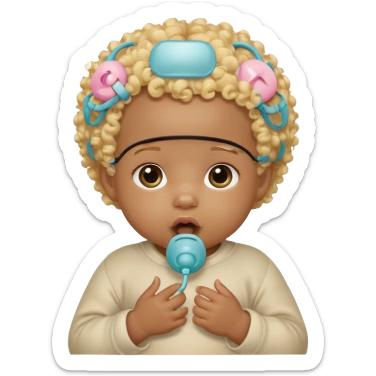 Black newborn baby, short tuft of curly blonde hair, pacifier in mouth sticker