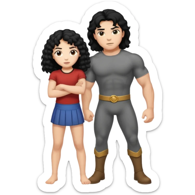 A strong man with straight black hair protecting a shorter girl with long curly black hair sticker