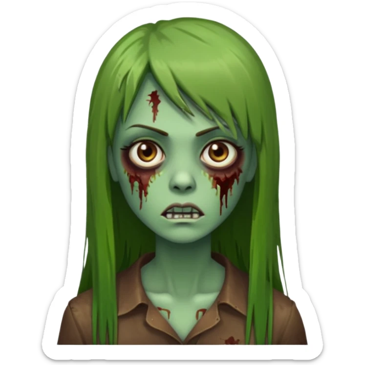 Zumbi feminino, de pele verde, cabelo marrom, longo, liso e castanho com franja reta sticker