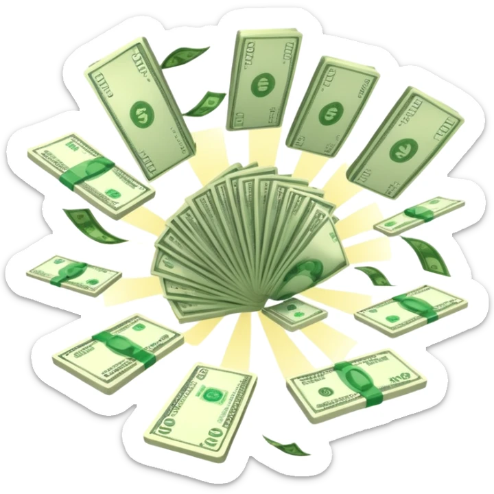 Add more cash flying around, bundles of US dollars, casino winnings vibe, lucky flight, jackpot feeling sticker