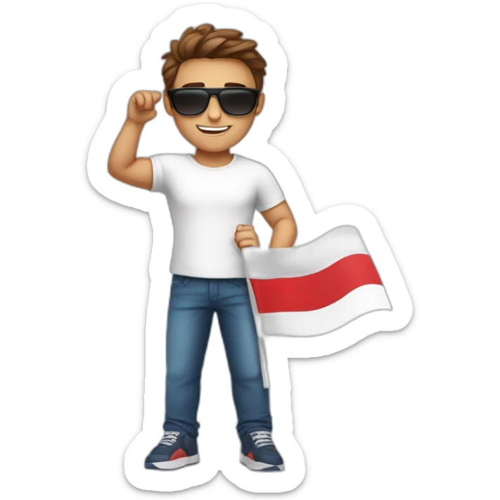 A young fit man with a white shirt and sunglasses on his hair with brown hair and a French flag in his hand sticker