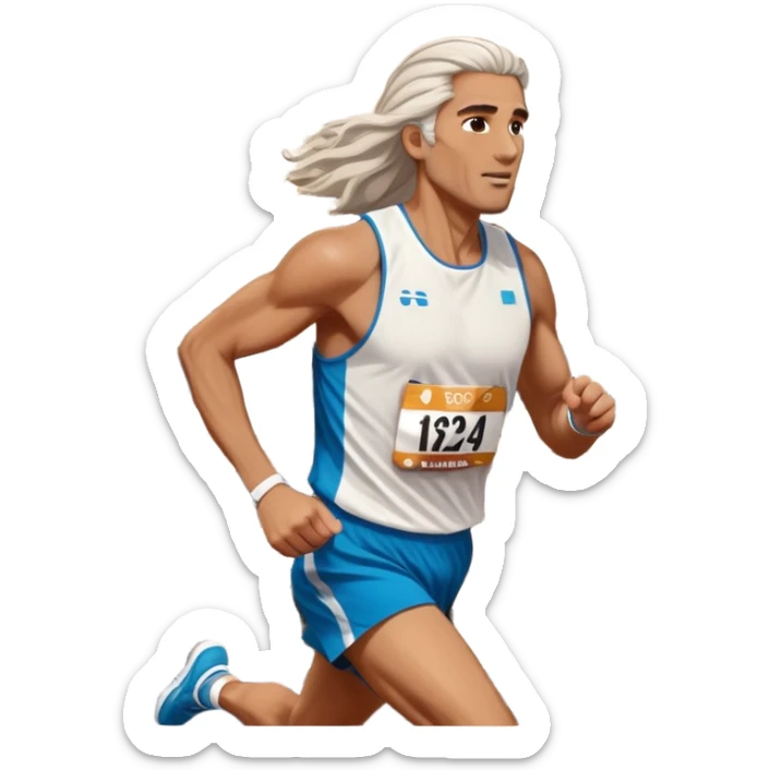 Tall man with long brown and white hair running in Rome marathon, Colosseum in background sticker
