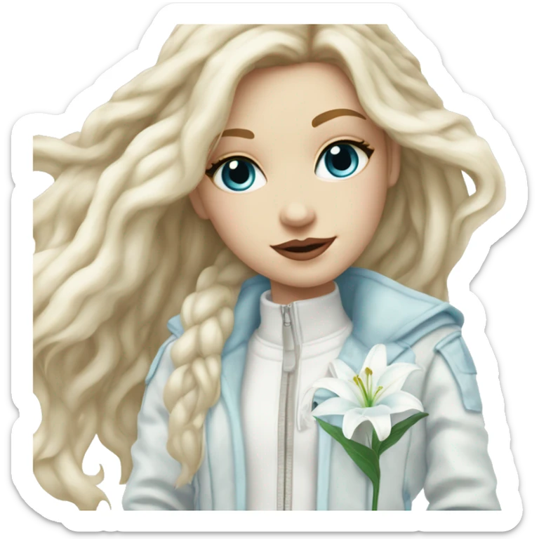 blonde hair white girl with long hair, in a white patched jacket with light blue patches, light blue eyeshadow… holding a white lily ethereal sticker